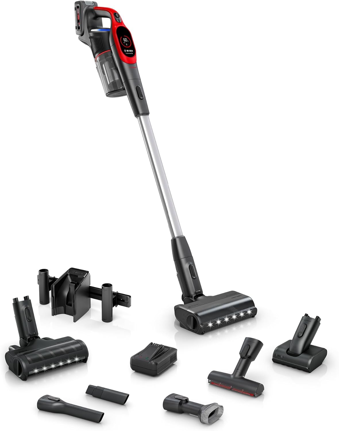Bosch Akku-Staubsauger Unlimited 9 ProAnimal BKS941PET, kabellos, MicroClean Technology, Display, Staubkomprimierung, HEPA-Filtersystem, 10 J. Motorgarantie, 4Ah Akku, LED-Licht, Schnellladegerät, rot