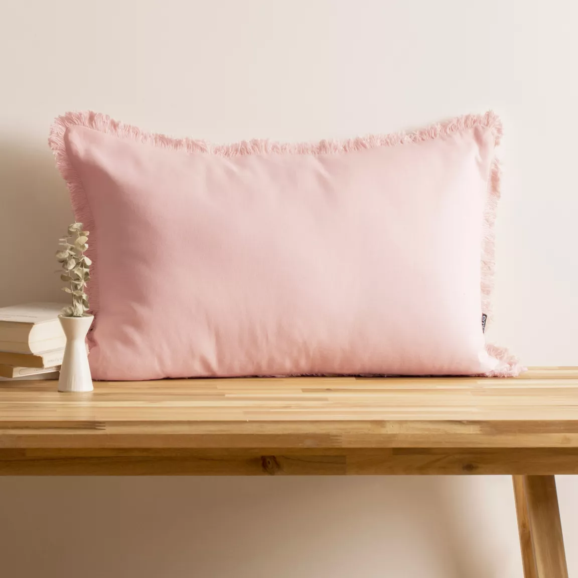 Coussin rectangulaire coton (40 x 60 cm) Pixel franges Rose poudré