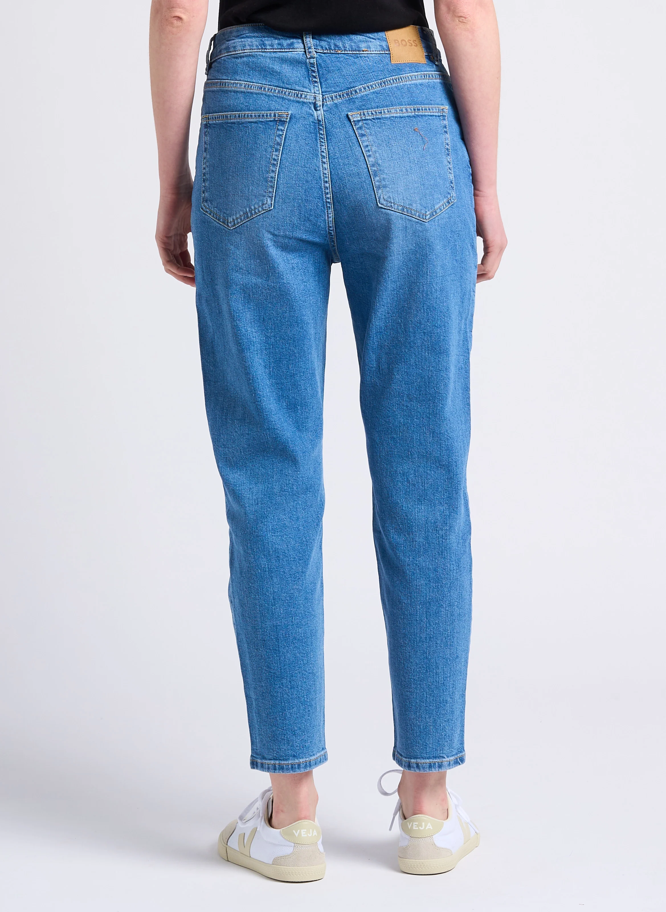 Jean mom-fit délavé taille haute en coton | Bleu