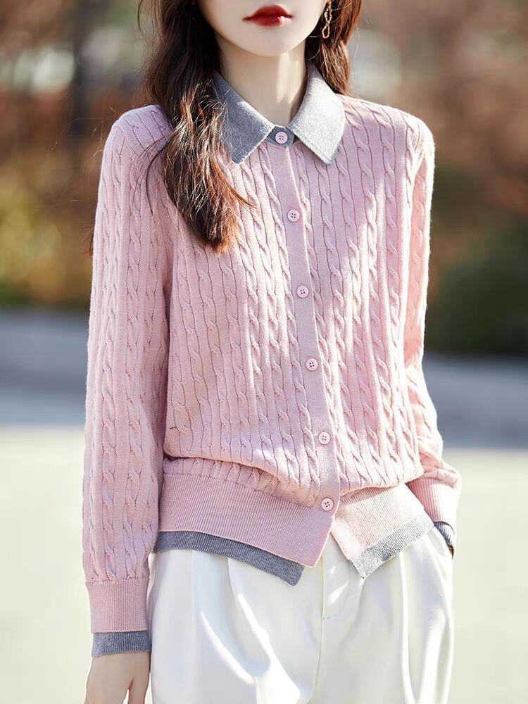 Jeonseon - Tweekleurige kabelgebreide cardigan met kraag