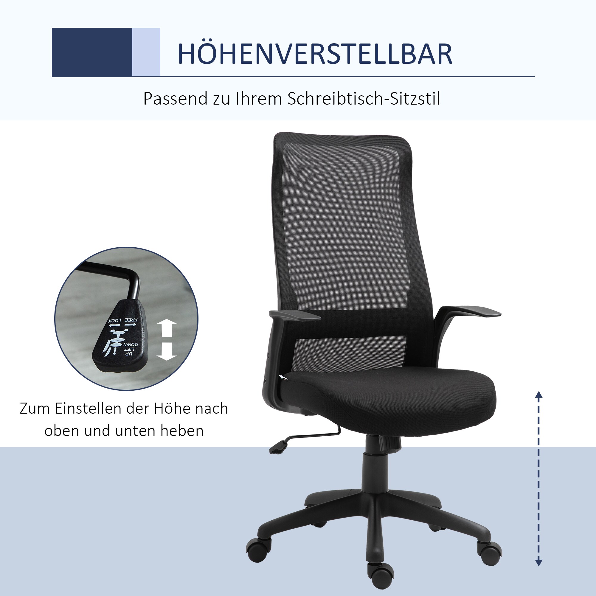 Vinsetto Bürostuhl ergonomisches liniendesign, atmungsaktiv, highend-Gas-lift Schwarz 62 x 62 x 113-122 cm (BxTxH)