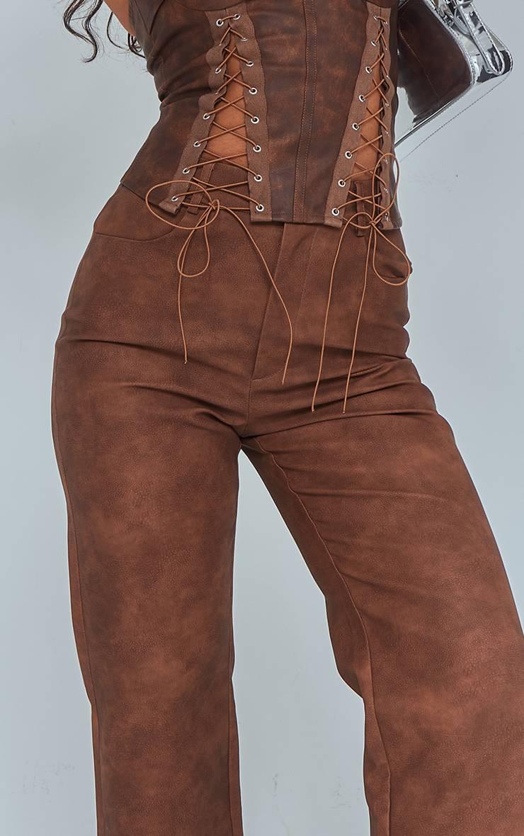 Marron Pantalon Droit Court En Synthétique Effet Délavé