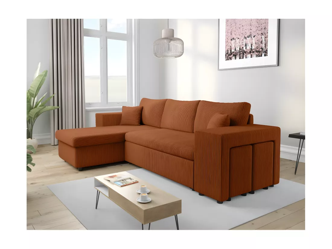 Canapé d'angle réversible Mady avec coffre, rangement poufs à droite en velours côtelé terracotta - L254 x P146 x H81cm - Loungitude