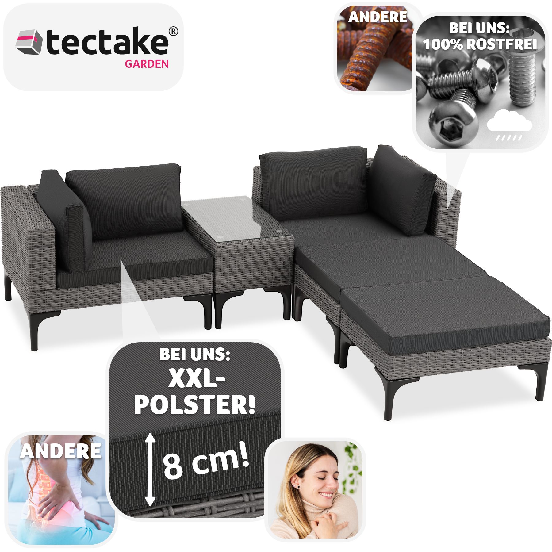 tectake® Rattan Lounge, mit Aluminiumgestell, wetterfest und UV-beständig, mit Sicherheitsglasplatte