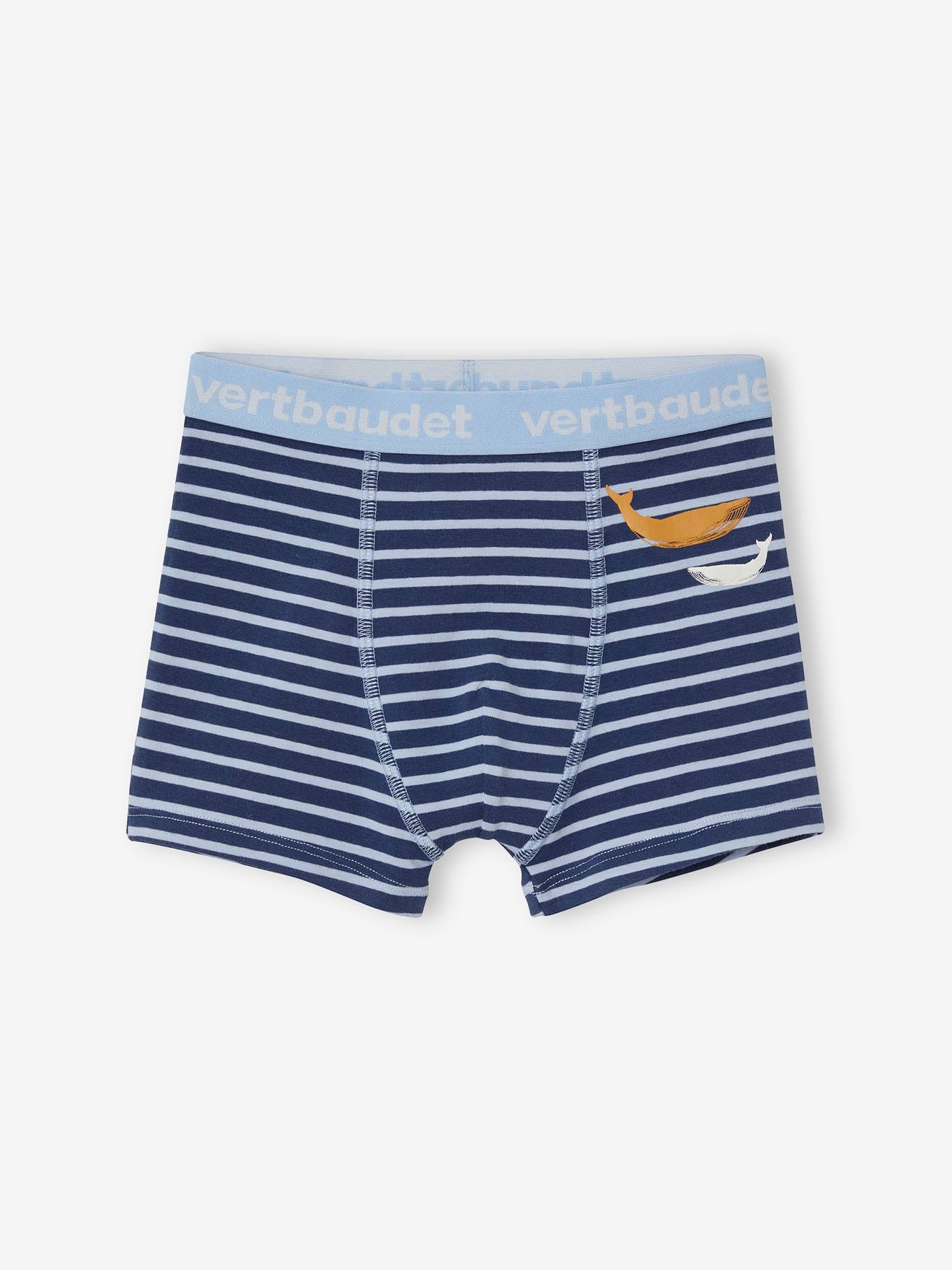 Conjunto de 5 cuecas boxer elásticas, com estampa de baleias e certificação Oeko-Tex®, para meninos, na cor azul claro.