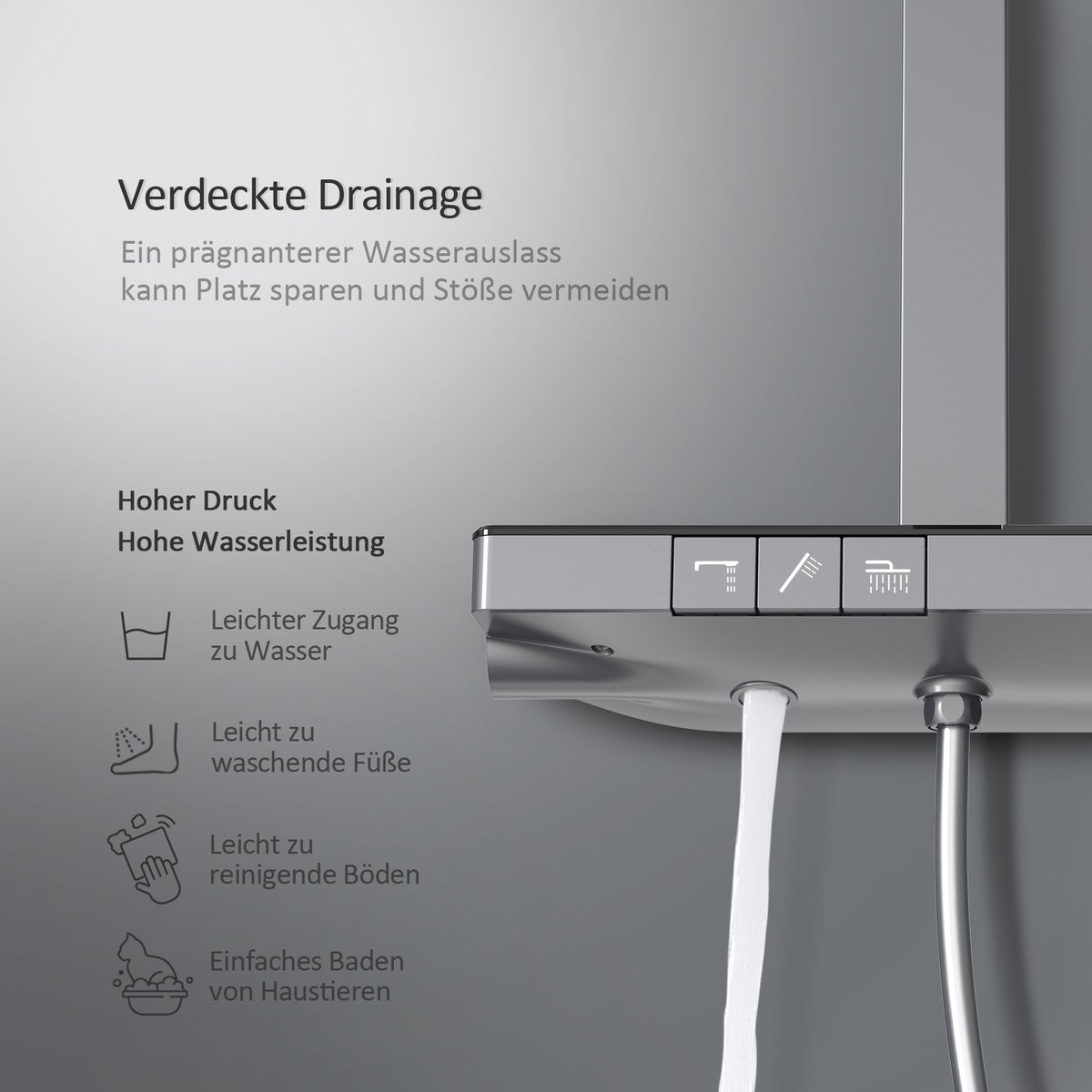EMKE Douchesysteem met thermostaat, doucheset, douchekolomset met thermostaatplaat 40 cm, douchestang, handdouche met 4 straalsoorten, regendouche, waterafvoer, antraciet mat