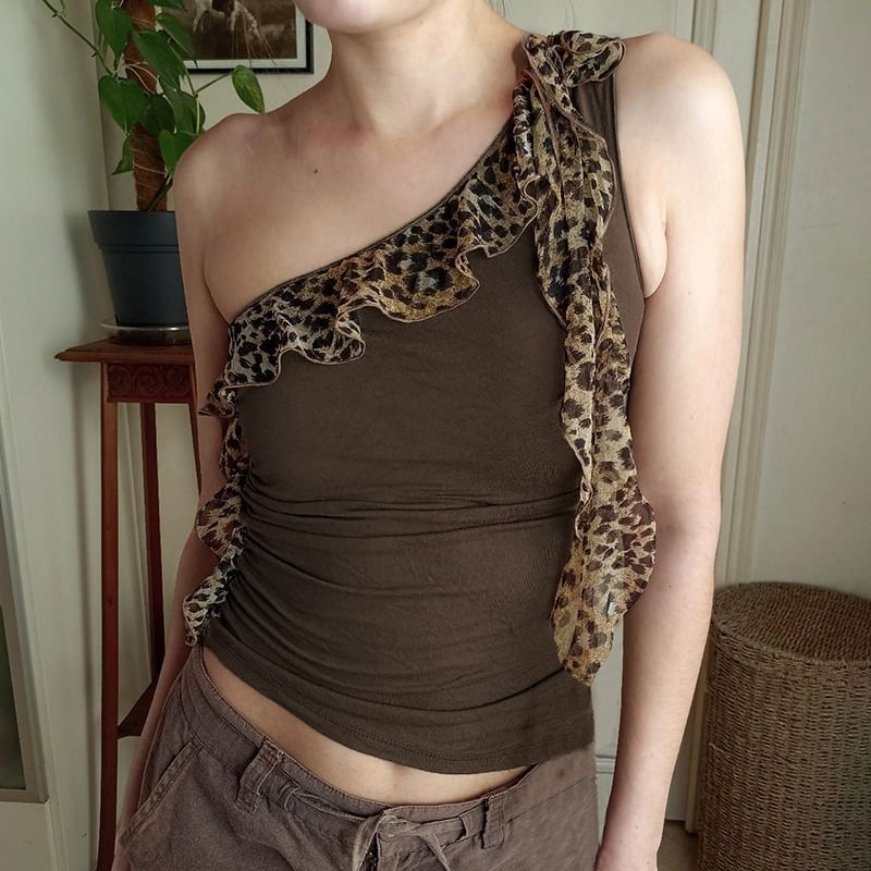 Trisica - Slim-fit tanktop met luipaardprint en één schouder, geplooid en getailleerd