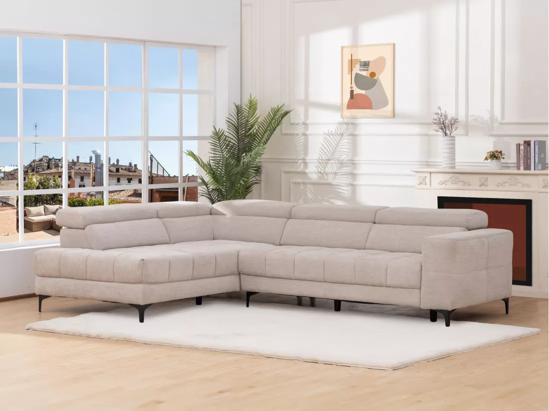 Canapé d'angle gauche relax assise coulissante électrique en tissu beige MONISO
