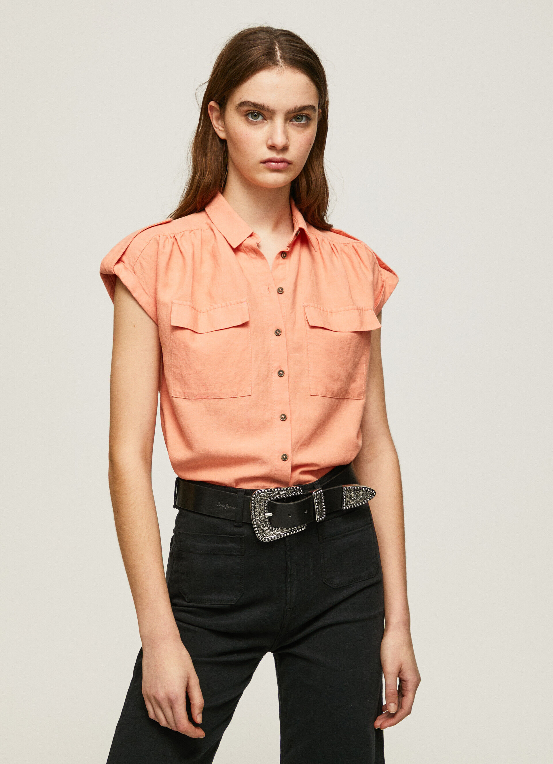 Camisa utilitária de manga curta - Laranja pêssego