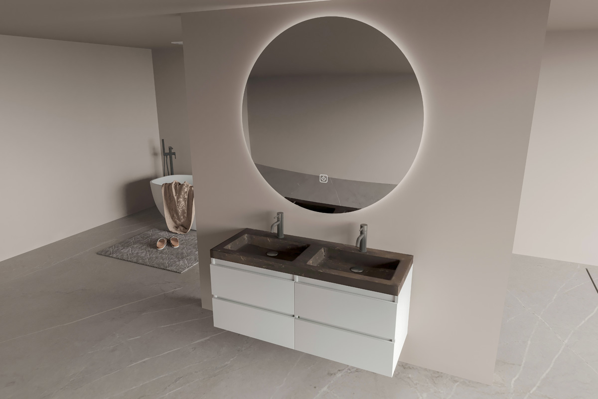 Fontana Freestone badkamermeubel mat wit 120cm met natuurstenen wastafel 2 kraangaten en ronde spiegel