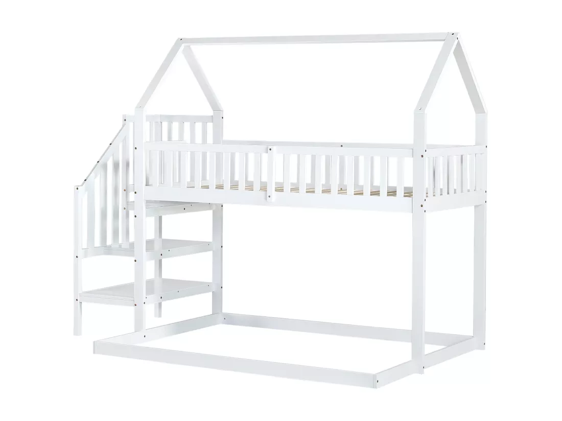 Lits superposés 90x190cm, lit enfant avec escalier, anti - chute et grille, cadre en pin, blanc