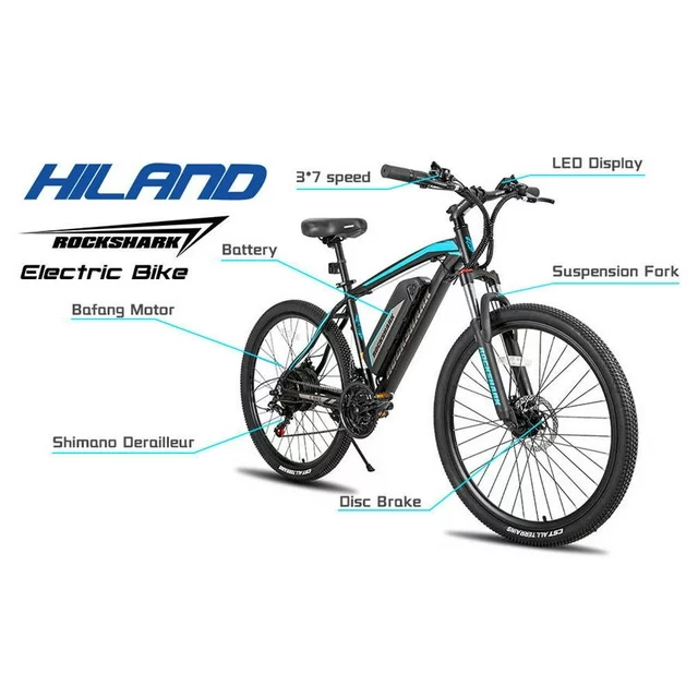 Bicicleta elétrica Hiland Rockshark, mountain bike elétrica de alumínio, aro 26/27,5, 350W, velocidade máxima de 32 km/h, para adultos, com câmbio Shimano de 21 velocidades, freio a disco, suspensão dianteira e bateria removível de 36V 10,4Ah.