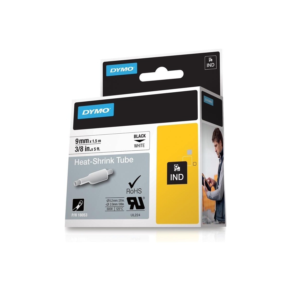 DYMO RhinoPRO krympeslange 9mm, svart på hvitt, 1.5m rull