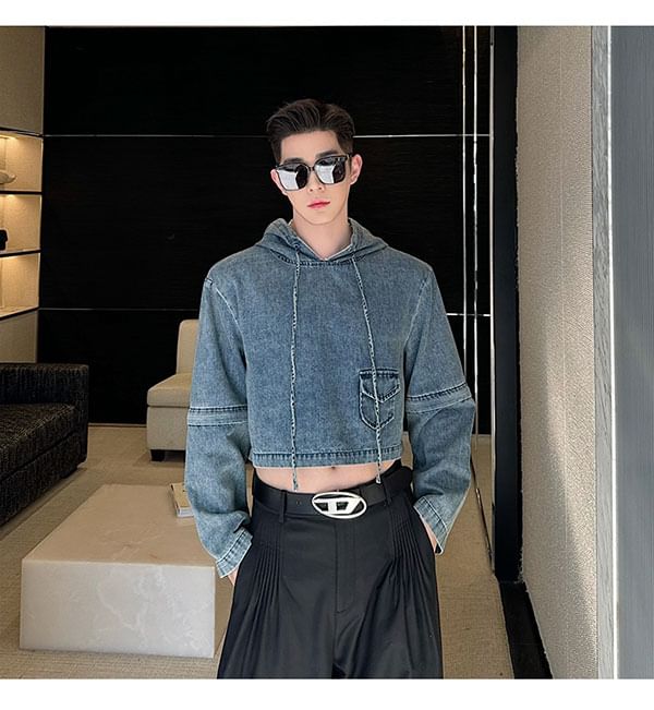 Freehop - Cropped hoodie van gewassen denim
