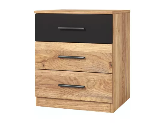 Chambre à coucher design collection EOS : Armoire, Lit 180x200, commode, chevets. Couleur chêne clair et noir