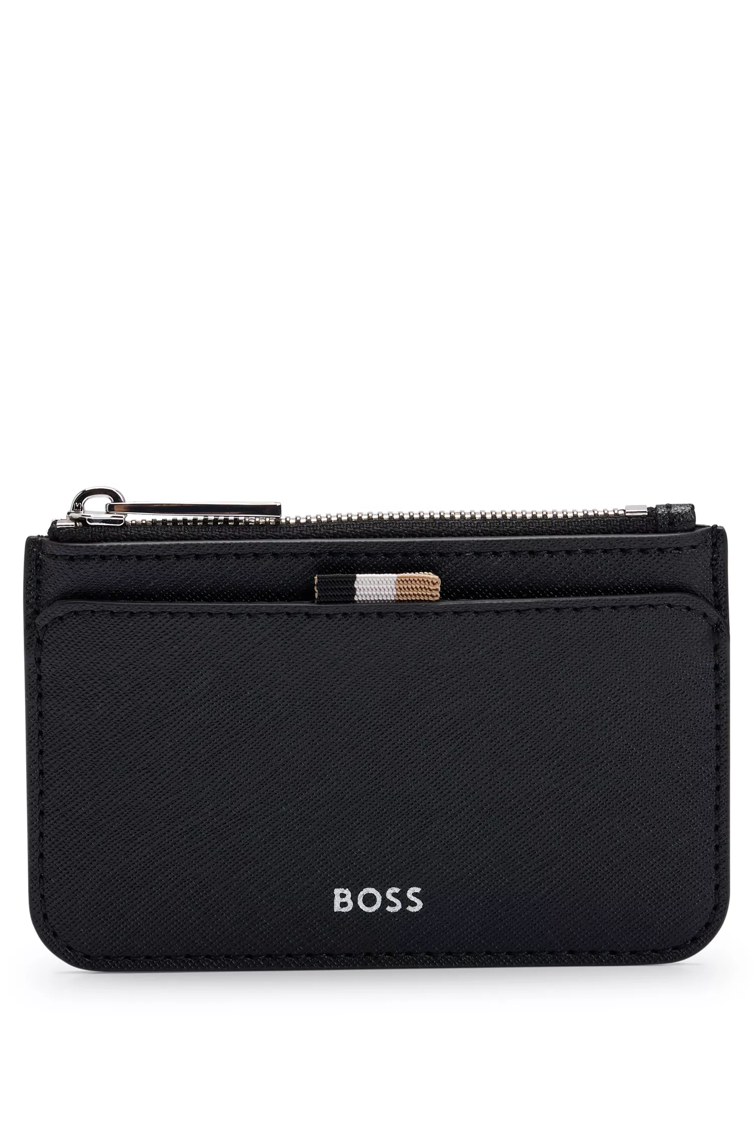 Porta-cartões BOSS preto estruturado com bolso para moedas com zíper