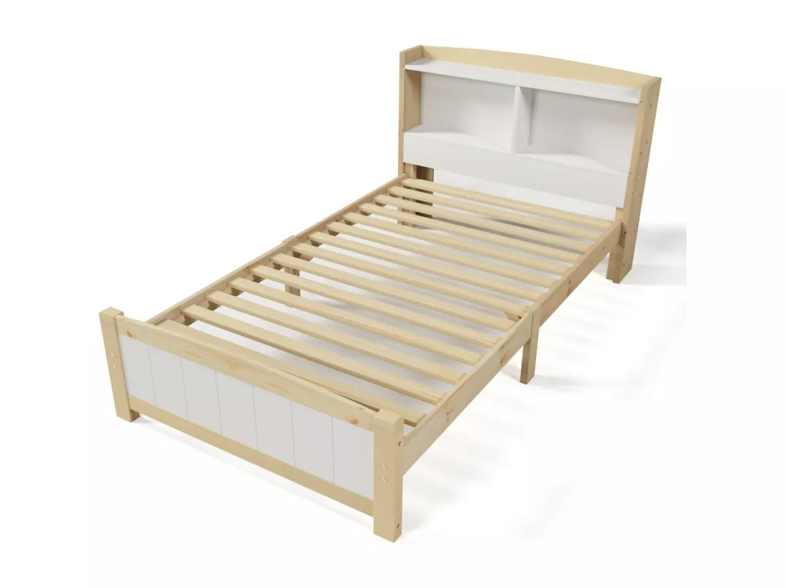 Lit avec tête de lit rangements et matelas - 90x200cm - en bois massif - lit 1 place - Blanc et Naturel