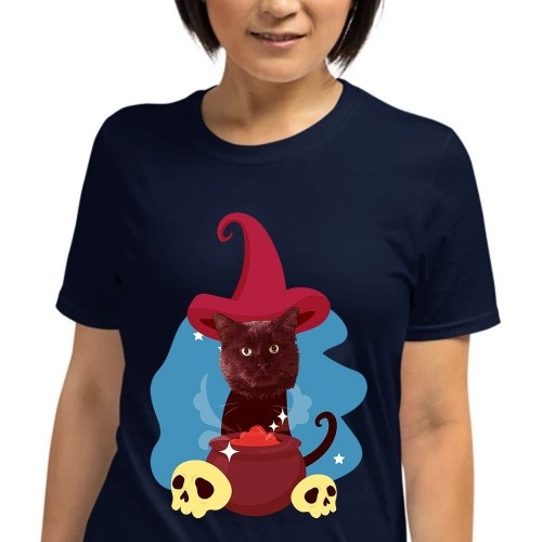 Camiseta feminina Mascochula, o mago, personalizada com seu animal de estimação, azul marinho
