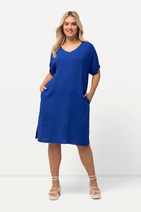 Kleid, Leinenmix, Oversized, V-Ausschnitt, Halbarm