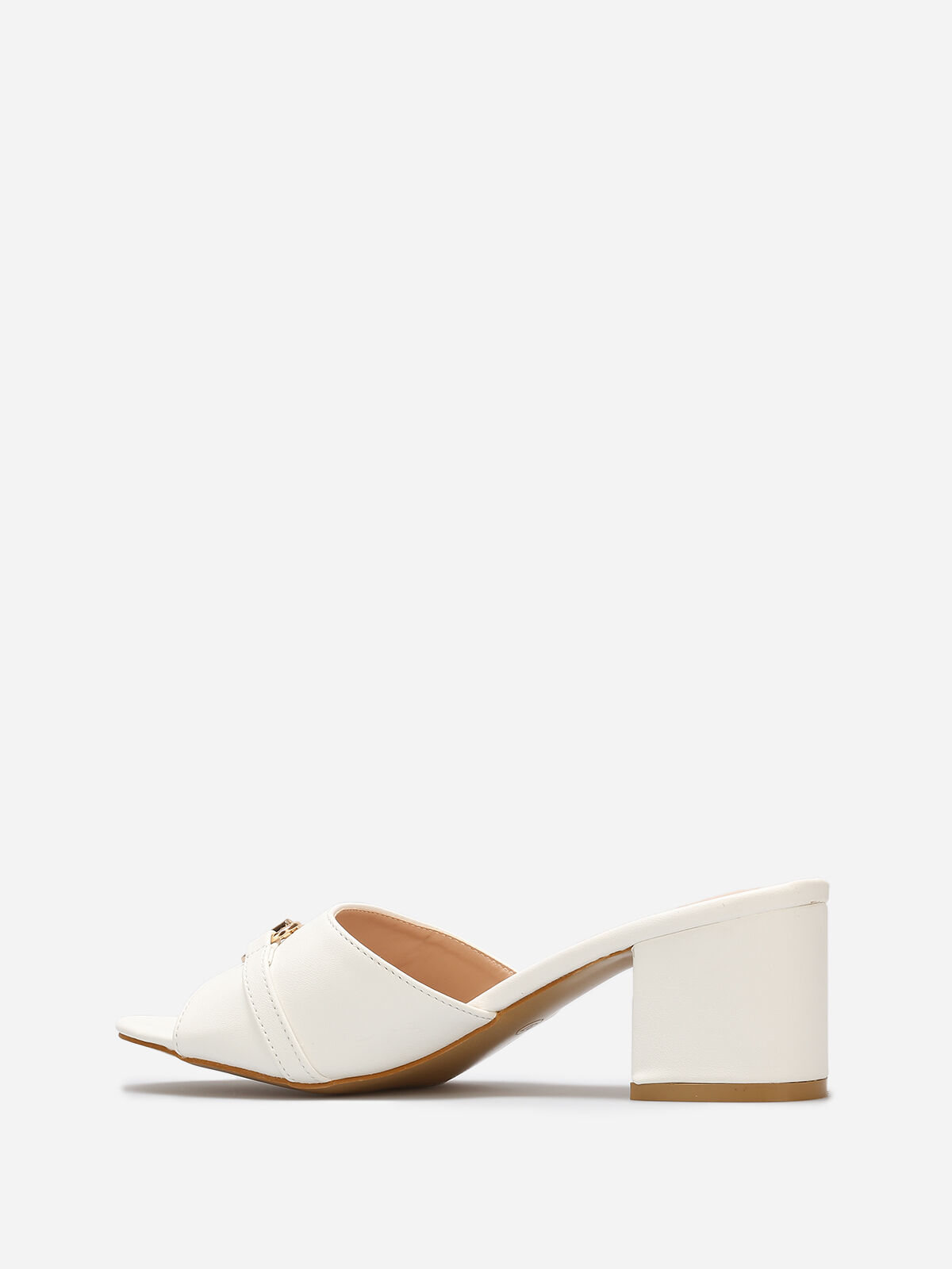 Mules à talon et détail boucle dorée- Blanc
