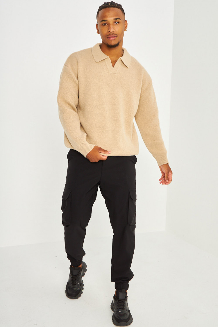 Pull beige foncé ample à col à rabats