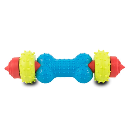 Brinquedo de borracha para cachorro, em formato de osso multicolorido com múltiplas texturas, feito de material muito durável.