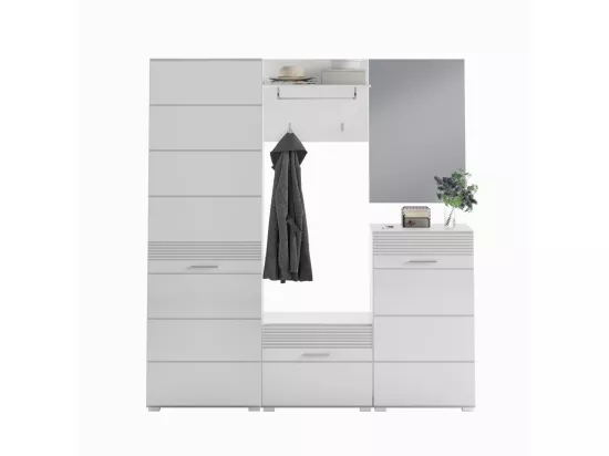 Ensemble de meuble d'entrée : Miroir + porte manteau + meuble à chaussures + 2 meubles de rangement – Blanc laqué – KLEANKIN
