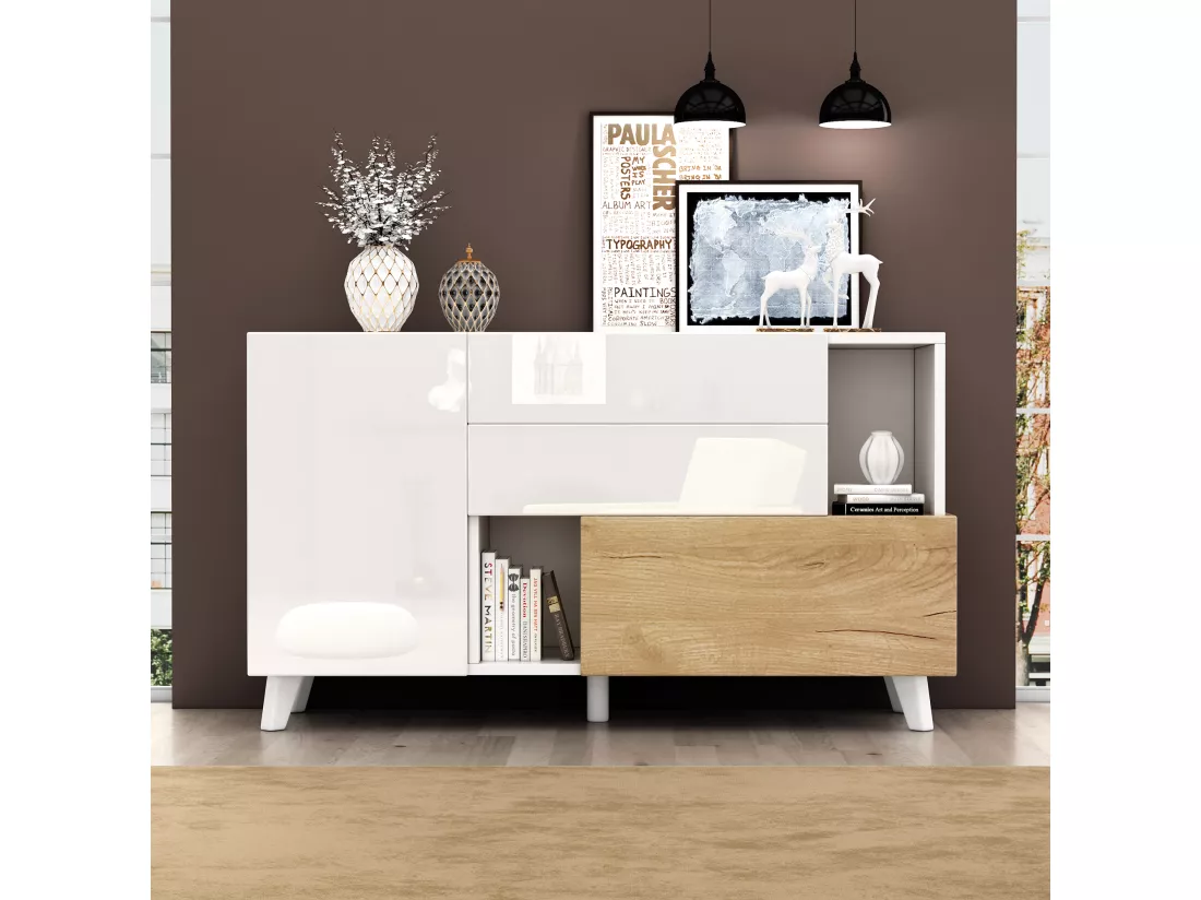 Buffet avec 2 portes et 2 tiroirs - 120 x 40 x 75 cm - Panneau de particules - Blanc brillant + Chêne clair