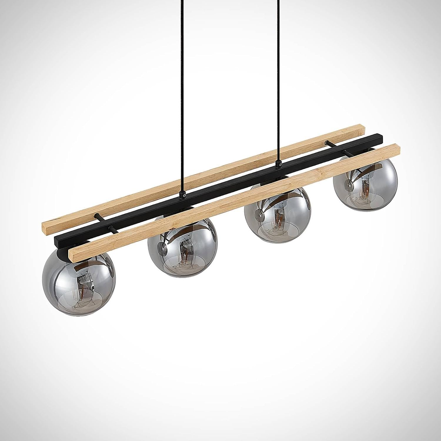 Lindby Esstisch Pendelleuchte Holz, Glas rauchgrau Hängeleuchte Rauchglas Esszimmer 4x E27 ohne Leuchtmittel Hängelampe Wohnzimmer Esszimmerlampe