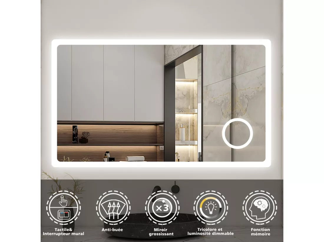 AICA LED Miroir lumineux loupe + tricolore + 3 couleurs + dimmable + anti-buée 160x80cm salle de bain mémoire,tactile