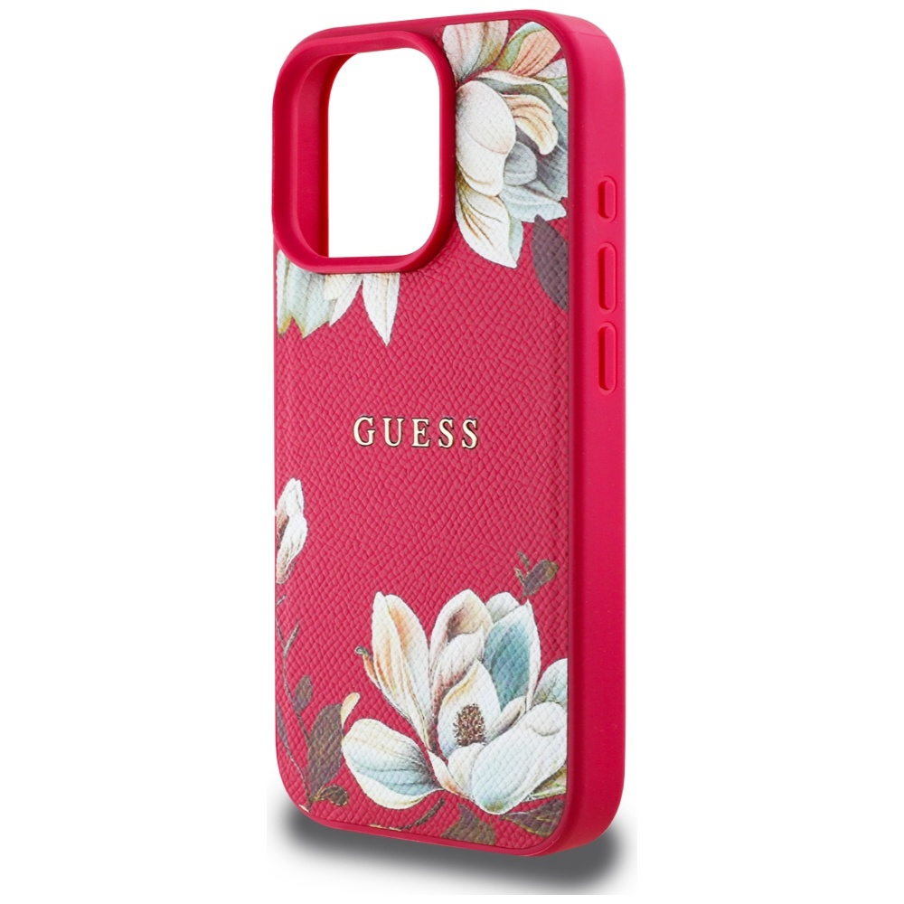 iPhone 16 Pro MagSafe Leder Hardcase Hülle Grained Printed Flower (GUHMP16LPGNMPLMF) - Rot