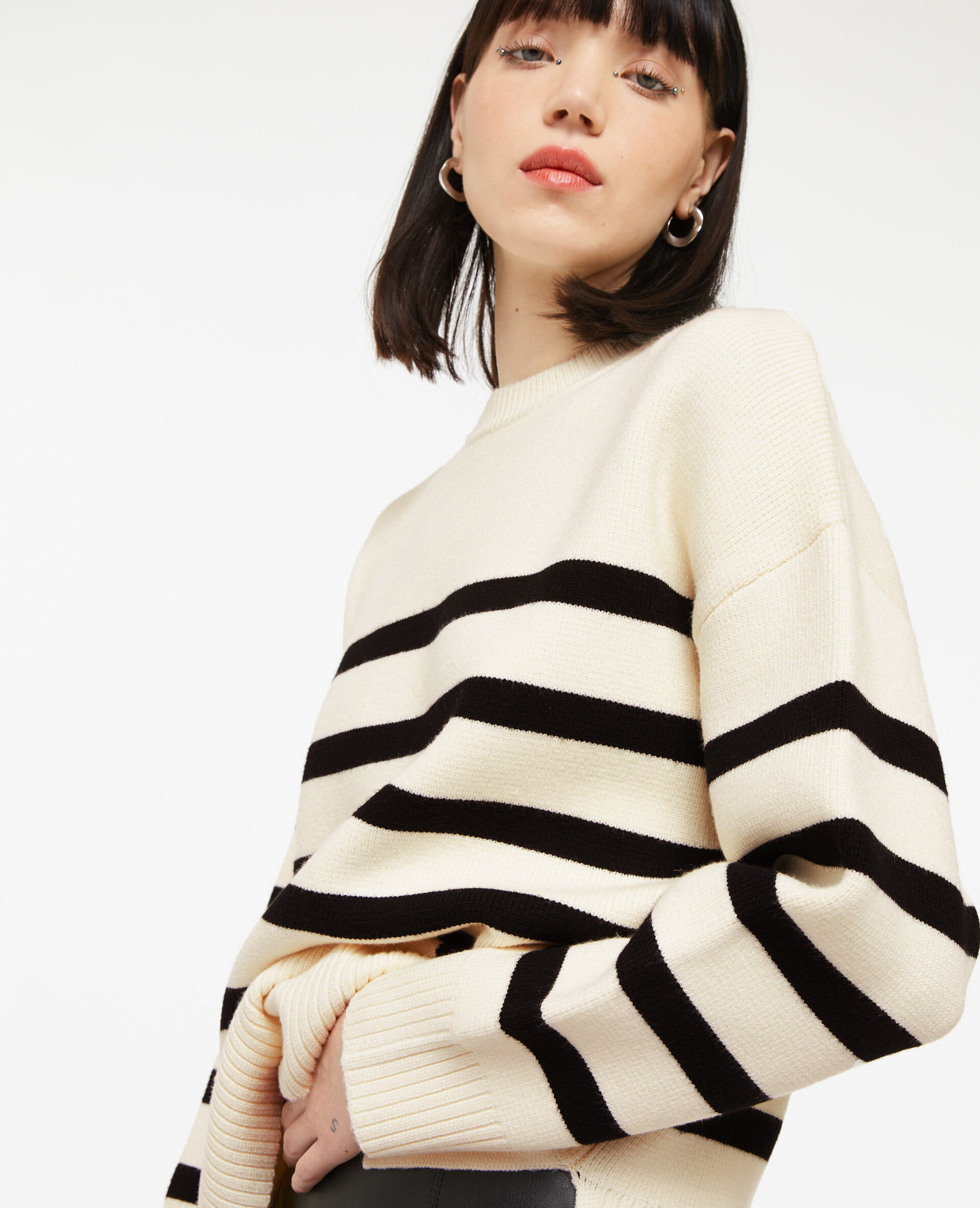 Pull rayé en maille épaisse - Blanc