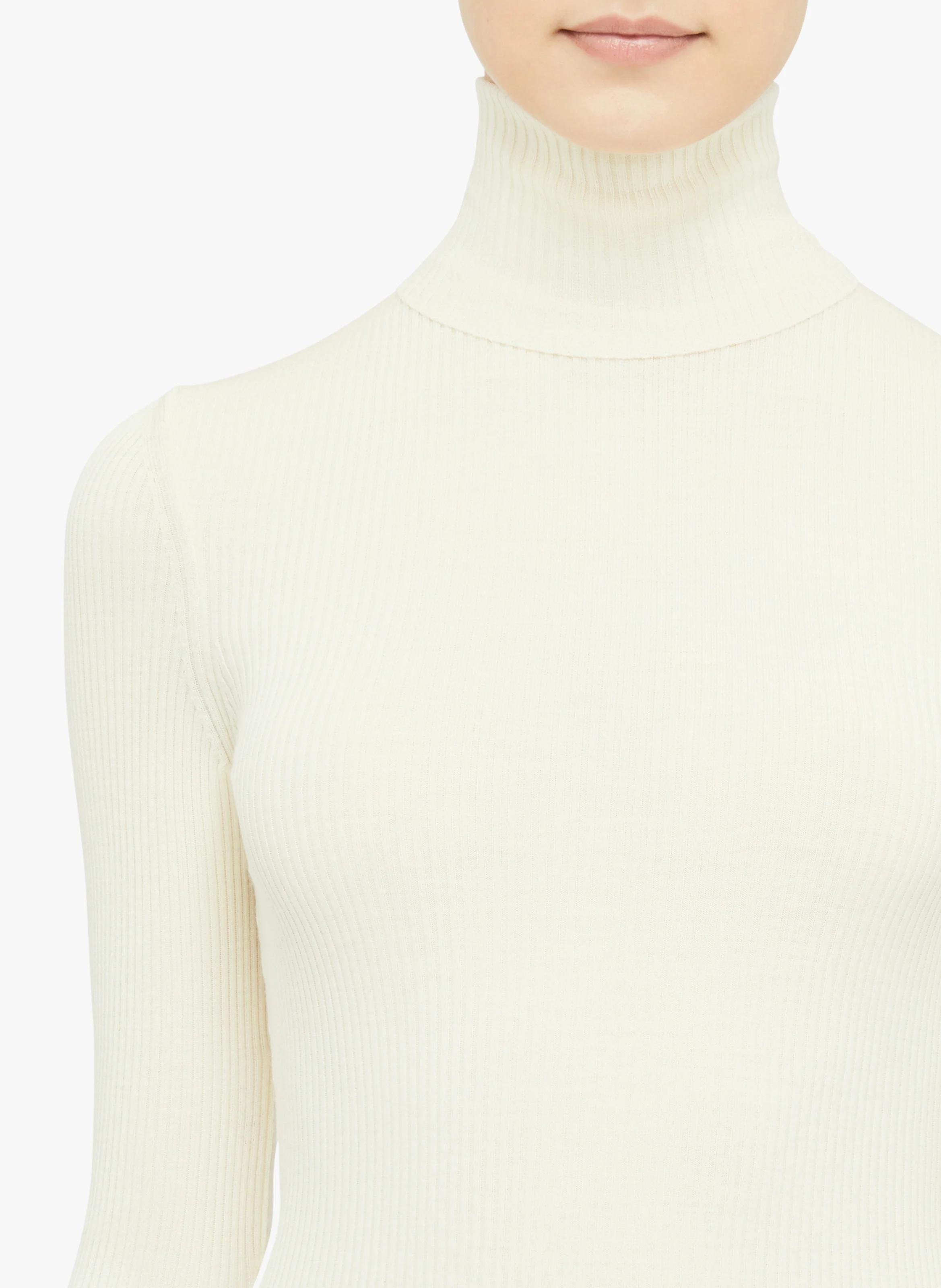 Merino Fine Rib Pullover - Pull col roulé côtelé en laine| Beige
