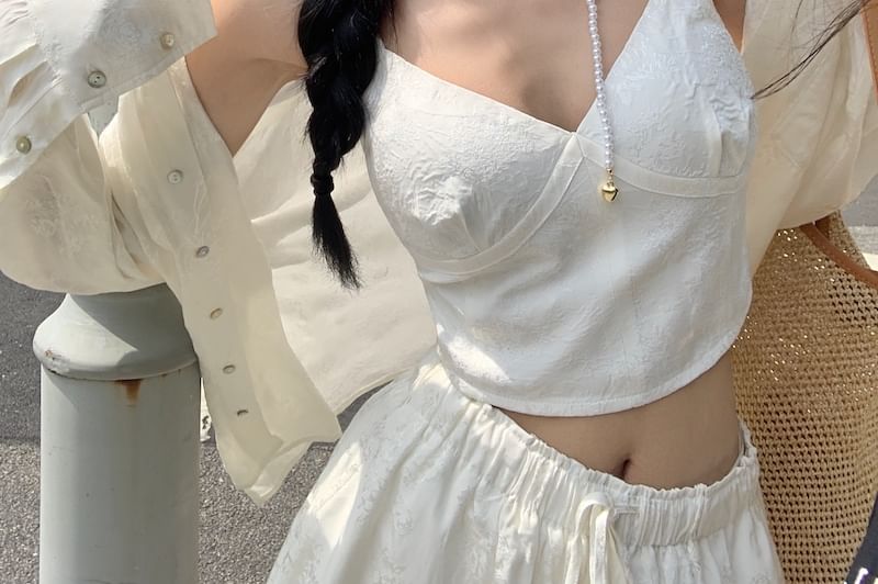 Duwnie - Effen shirt met lange mouwen / V-hals top / Shorts