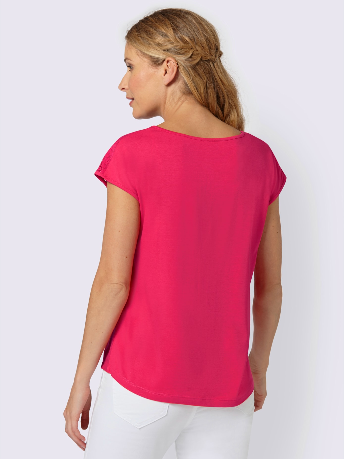 T-shirt col v à glissière épaules en dentelle