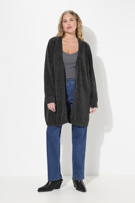 Chenille-Strickjacke, Oversized, V-Ausschnitt, offene Form