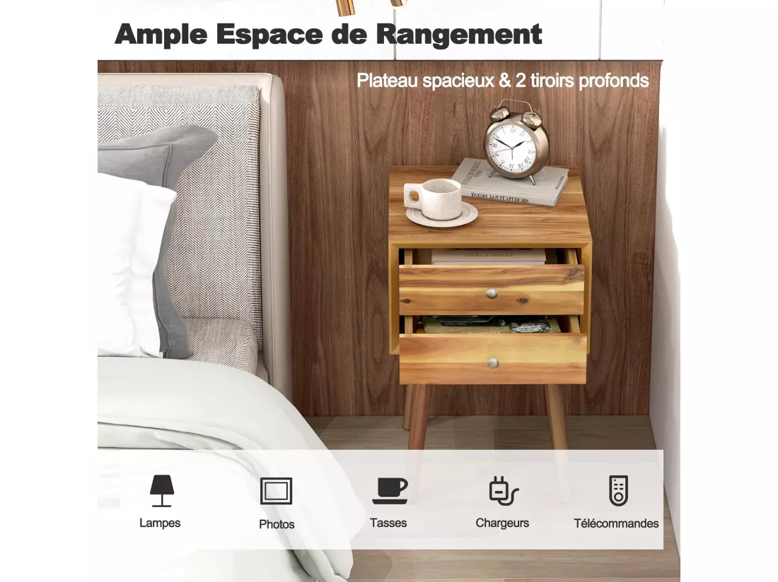 Table de Chevet avec 2 Tiroirs, Table de Nuit Scandinave en Bois pour Salon, Chambre, Couloir, Bureau, 40 x 40 x 59,5 cm Marron Rustique