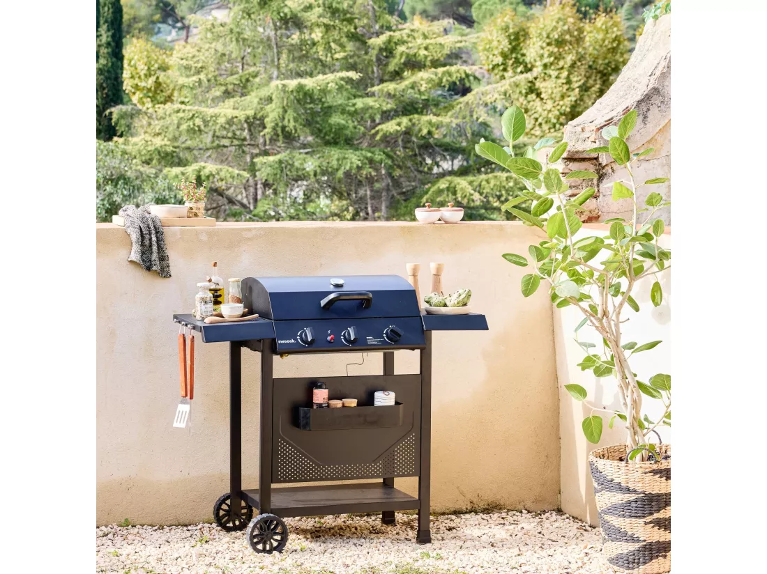 Barbecue au gaz Madeleine noir. 3 brûleurs. cuisine extérieure. L 109.5 x P 59 x H 125cm
