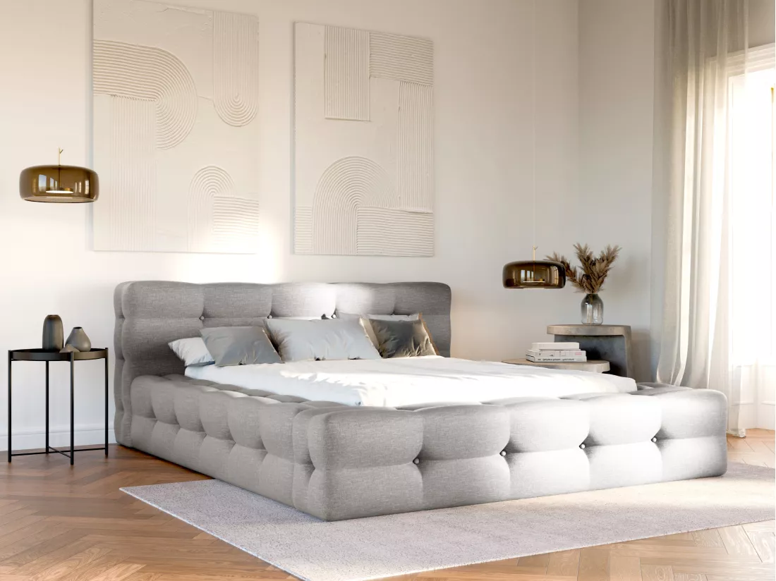 Lit capitonné 160 x 200 cm - Tissu chiné - Gris clair - LERUCO de Pascal Morabito