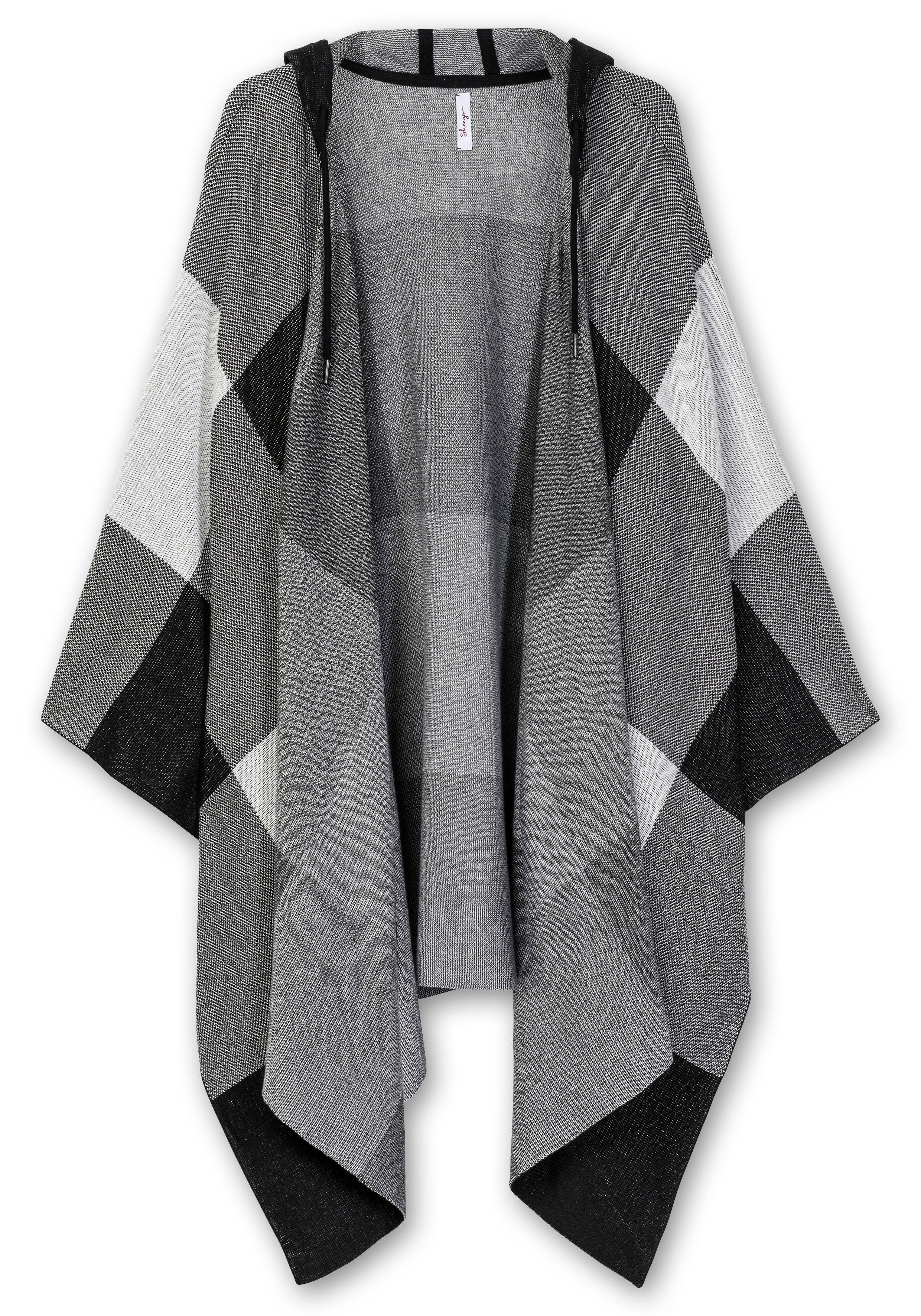 Kariertes Poncho-Cape mit Kapuze, offene Form
