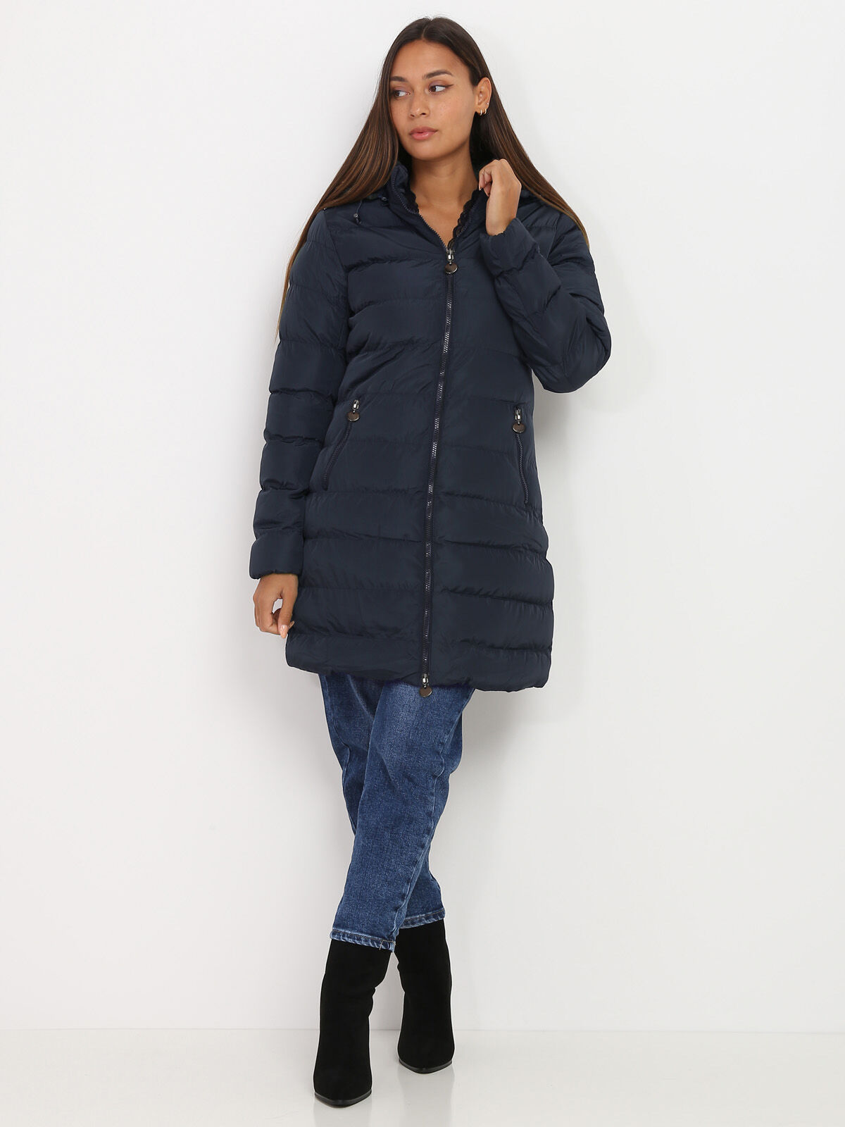Manteau mi-long matelassé à capuche- Bleu marine