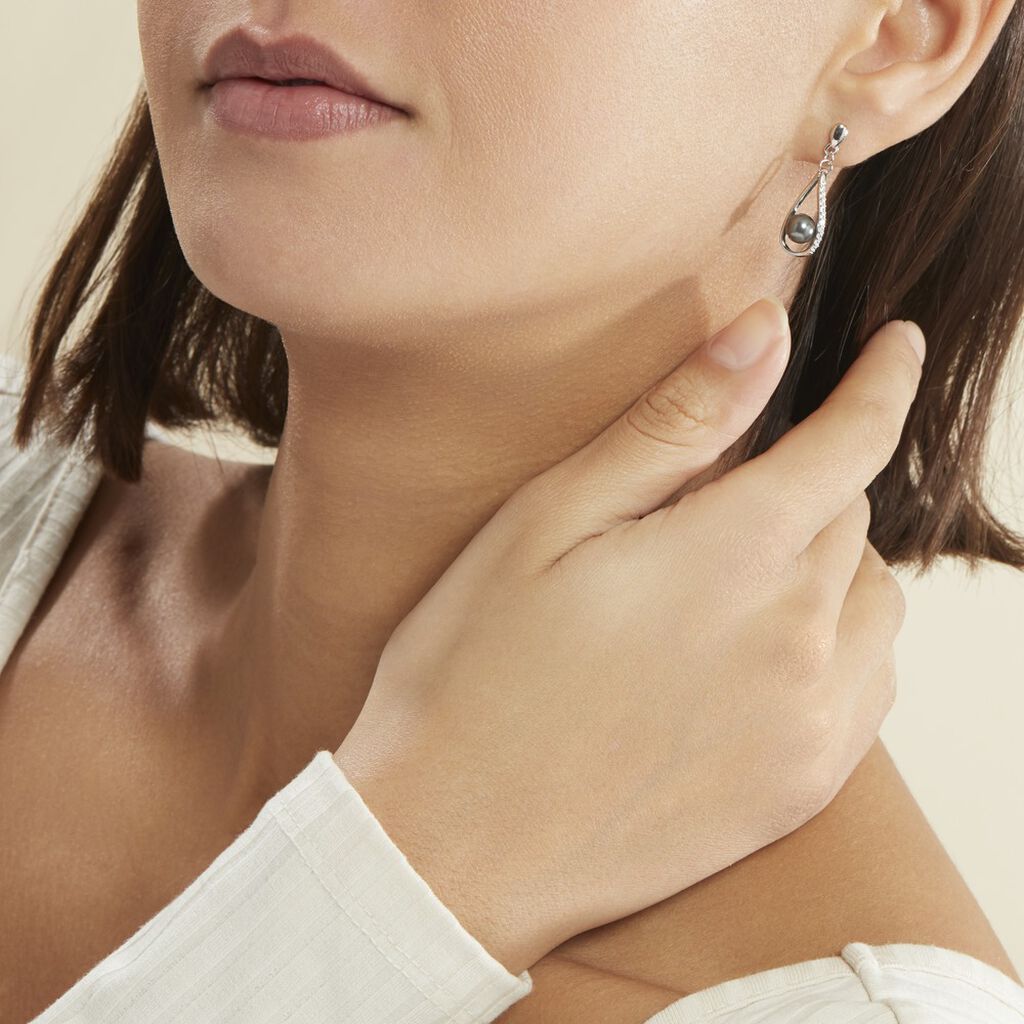 Boucles D'oreilles Pendantes Polynesie Argent  Perle D'imitation Oxyde