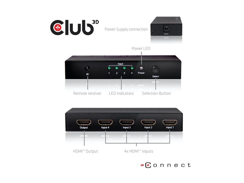 Club 3D Switchbox HDMI 2.0 UHD, 4 Port HDMI 4K 60Hz UHD SwitchBox mit 4 Ports