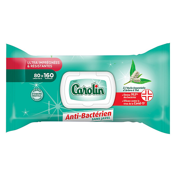 Lingettes antibactériennes surfaces Carolin arbre à thé, étui de 80