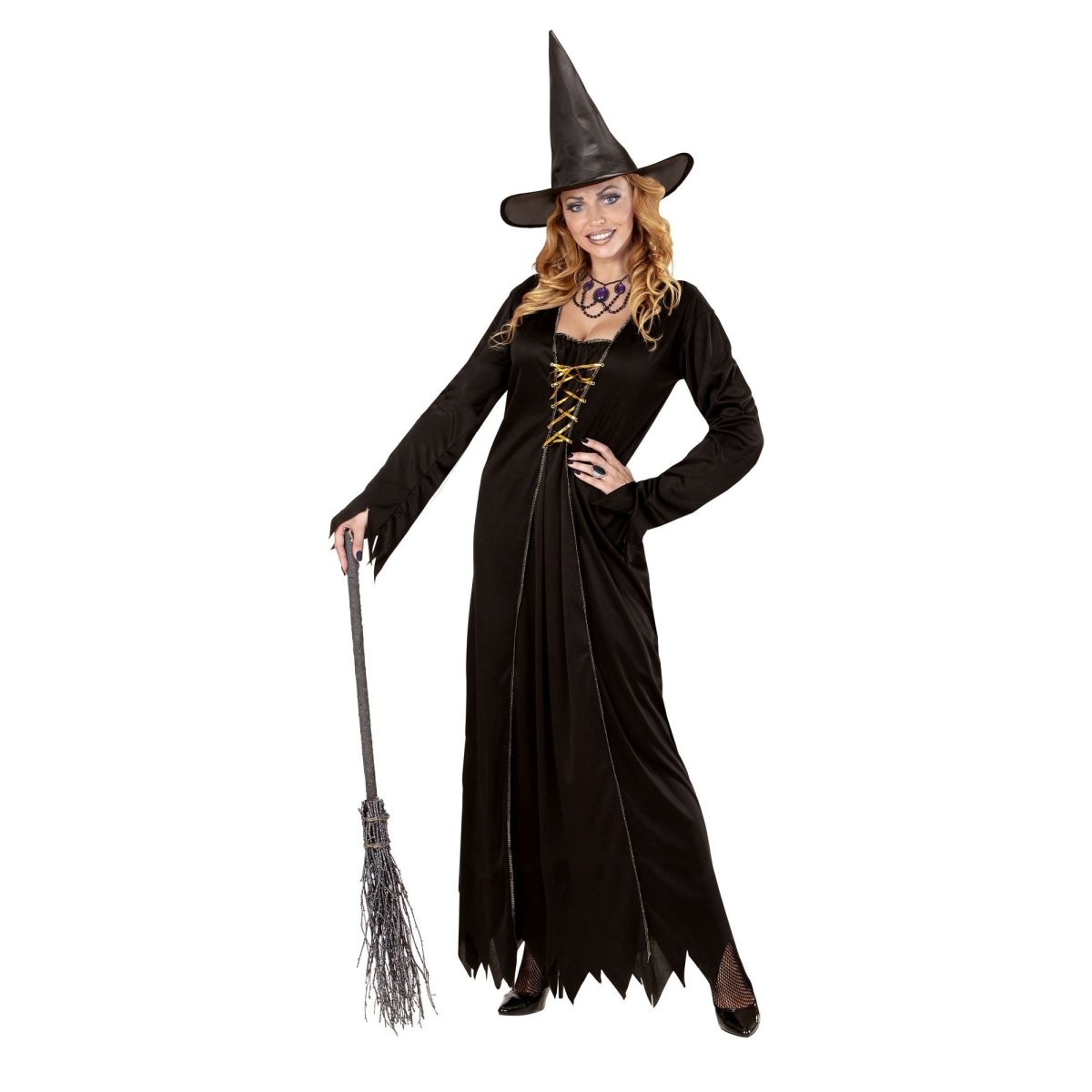 Halloween Kostuum Zwart Goud Dames Heks 2 delig
