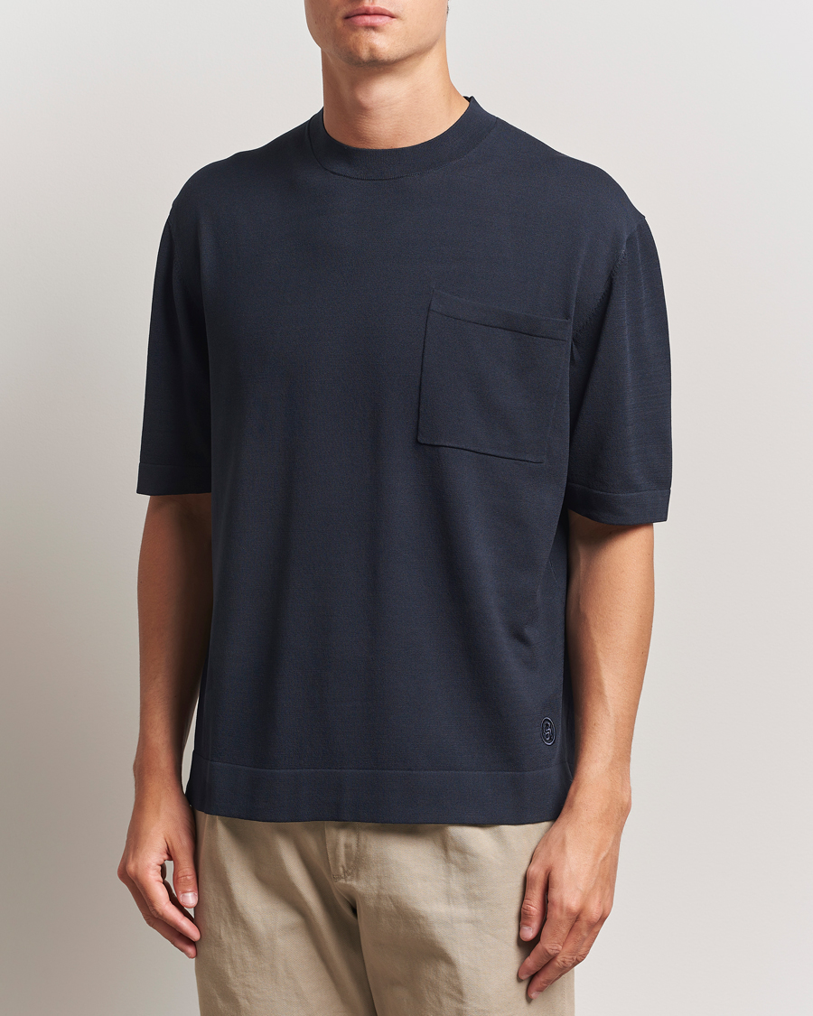 BOSS BLACK Jervaiso Cotton/Silk Knitted T-Shirt Dark Blue