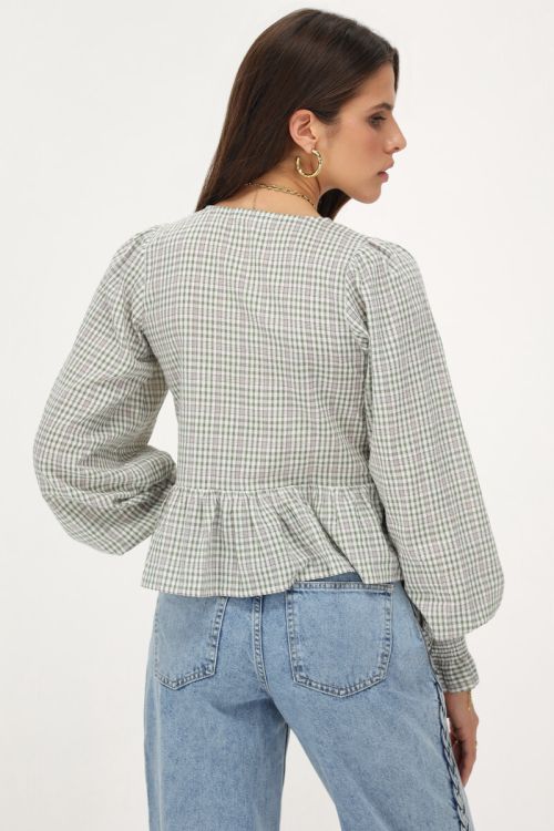 Groen gesmokte blouse met ruitjes & strikjes