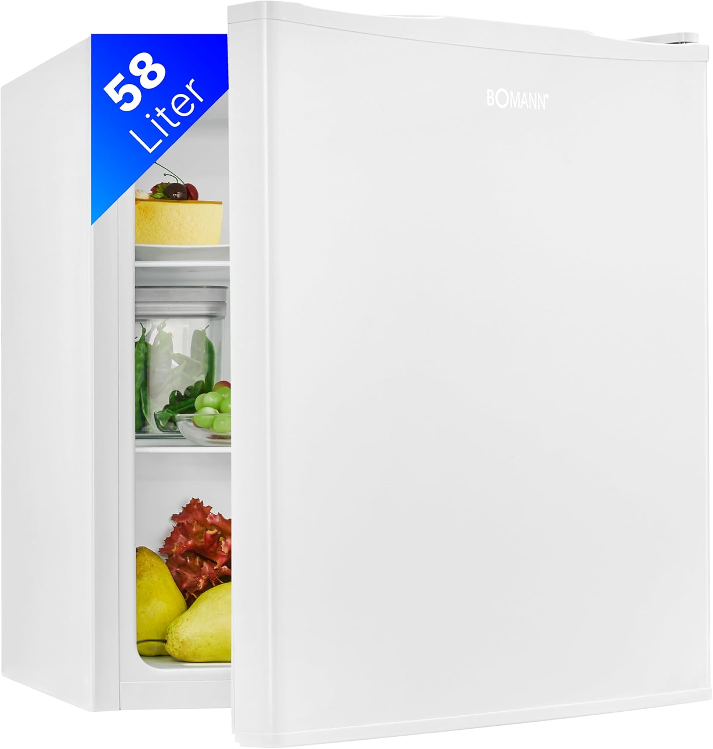 Bomann Mini Kühlschrank mit 58 Liter Nutzinhalt | Kühlschrank klein mit 2 herausnehmbaren Glasablagen | Mini Fridge mit stufenloser Temperaturregelung u. wechselbarem Türanschlag | KB 7347 weiß