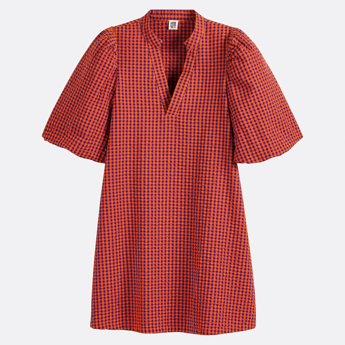 COLEÇÃO LA REDOUTE<br>Vestido curto xadrez com decote em V e mangas bufantes