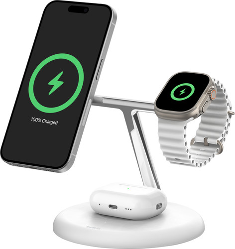 Belkin Boost Charge Pro MagSafe en Qi2 3-in-1 Draadloze Oplader 15W met Standaard Wit